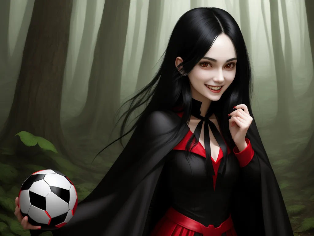 low quality - a woman in a red and black dress holding a soccer ball in a forest with trees in the background, by Sailor Moon