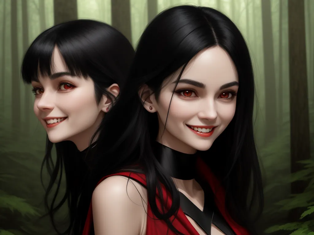 how to fix low resolution pictures on phone - two women are smiling in a forest with trees in the background and one is wearing a red dress and the other is wearing a black dress, by Lois van Baarle