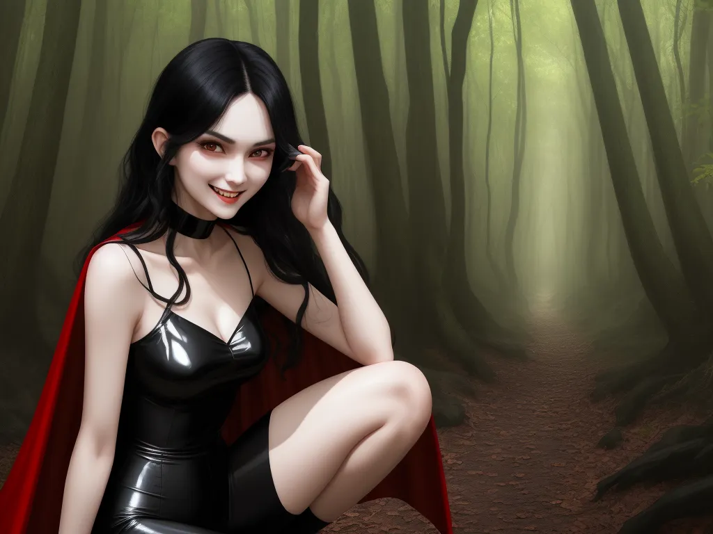 ai text to image - a woman in a black dress and red cape posing in a forest with a red cloak over her head, by Sailor Moon