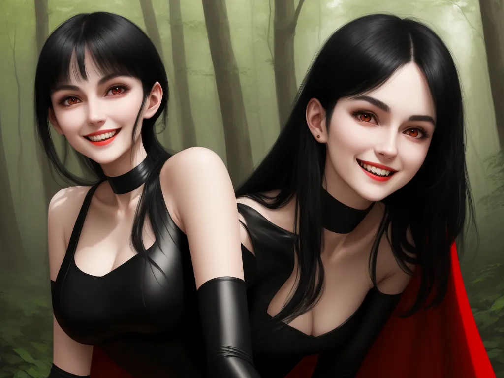 ai text-to-image - a digital painting of two women in a forest with red lips and black gloves on, one of them is wearing a red cape, by Lois van Baarle