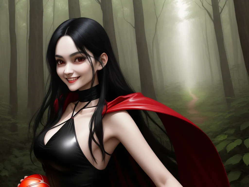 convert to high resolution - a woman in a black dress and a red cape in a forest with trees and bushes behind her is smiling, by Sailor Moon