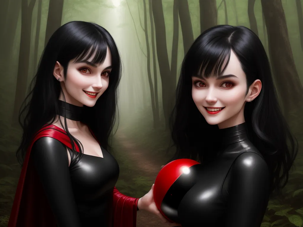 how to increase photo resolution - a woman in a black and red outfit holding a red heart in a forest with a light shining through the trees, by Hanna-Barbera