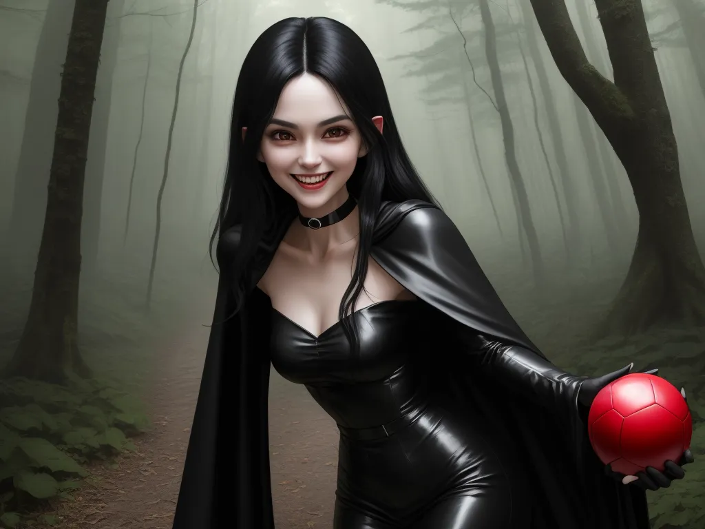 free ai photo - a woman in a black leather outfit holding a red ball in a forest with foggy trees behind her, by Sailor Moon