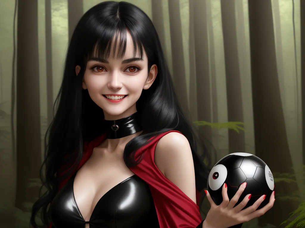 low quality image - a woman in a red dress holding a black ball in a forest with trees in the background and a red cape on, by Rumiko Takahashi