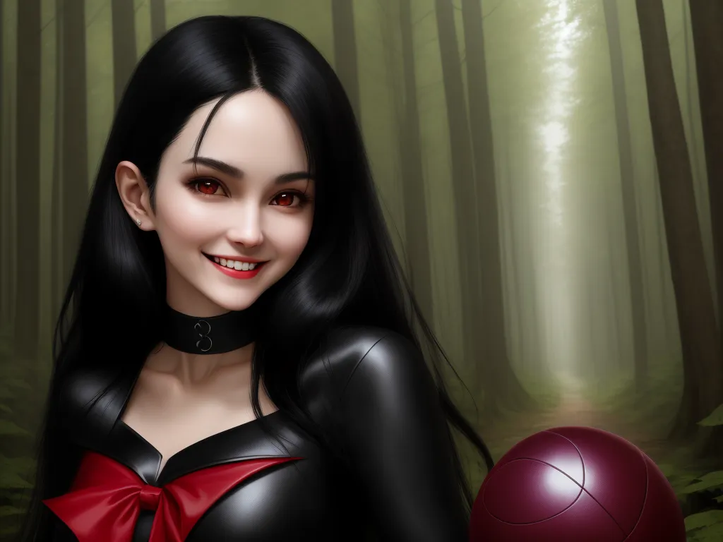 low quality picture - a woman in a black dress holding a red ball in a forest with trees in the background and a red ball in the foreground, by Sailor Moon