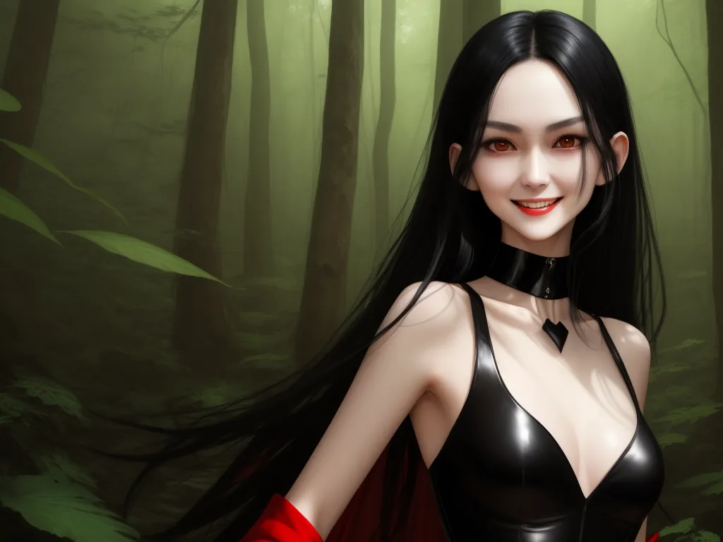 how to change resolution of image - a woman in a black dress standing in a forest with trees and leaves behind her, with a red glove on her hand, by Chen Daofu