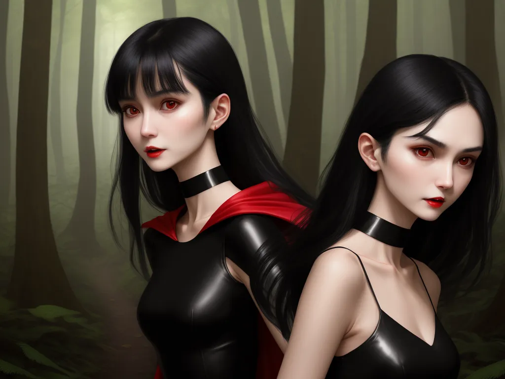 hdphoto - two women in black and red are standing in the woods together, one is wearing a red cape and the other is wearing a black dress, by Lois van Baarle