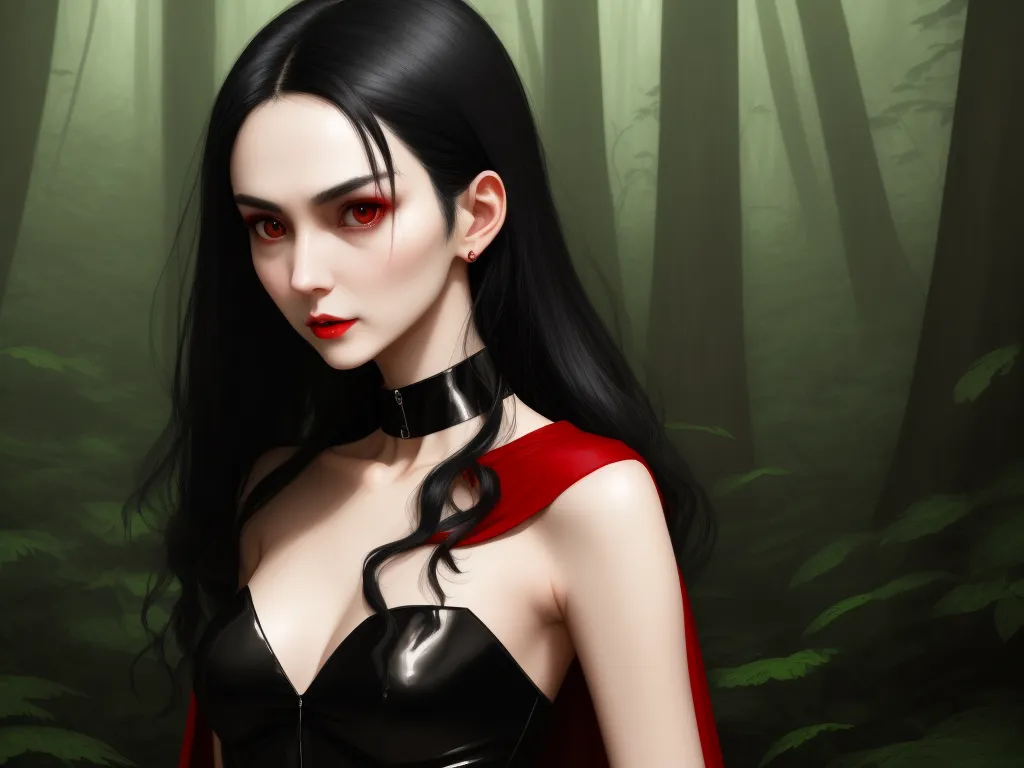 ai-generated images - a woman in a red cape and black dress in a forest with trees and bushes behind her is looking at the camera, by Sailor Moon