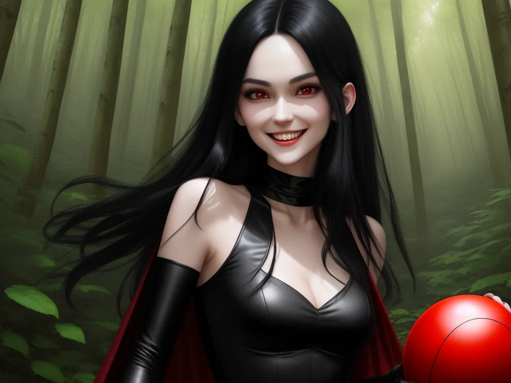 ai image generator dall e - a woman in a black dress holding a red ball in a forest with trees in the background and a red ball in the foreground, by Daniela Uhlig