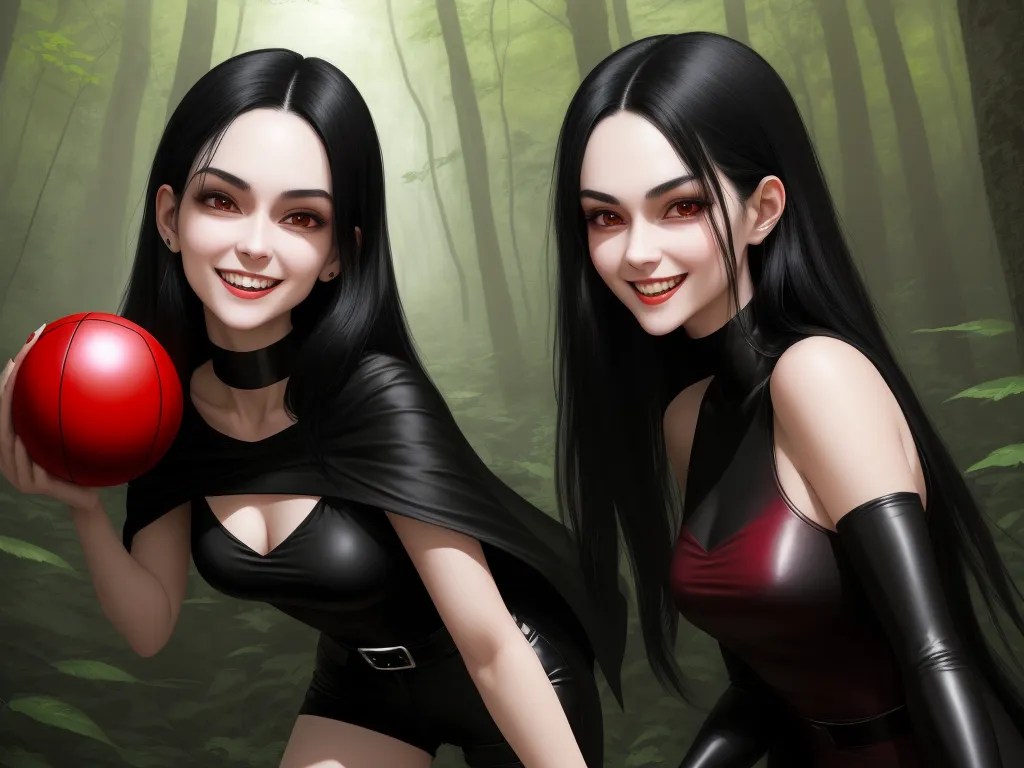 best photo ai enhancer - a digital painting of two women in a forest holding a red ball and smiling at the camera, with trees in the background, by Hanna-Barbera