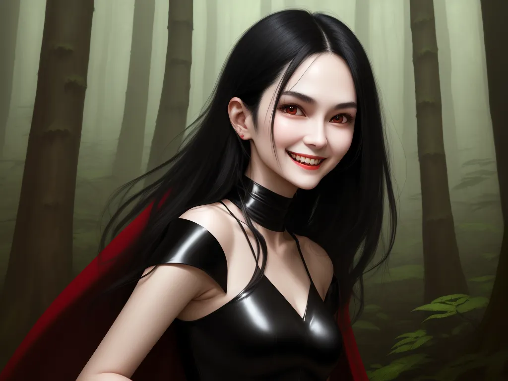 text to ai image generator - a woman in a black dress and a red cape in a forest with trees and bushes behind her is smiling, by Daniela Uhlig