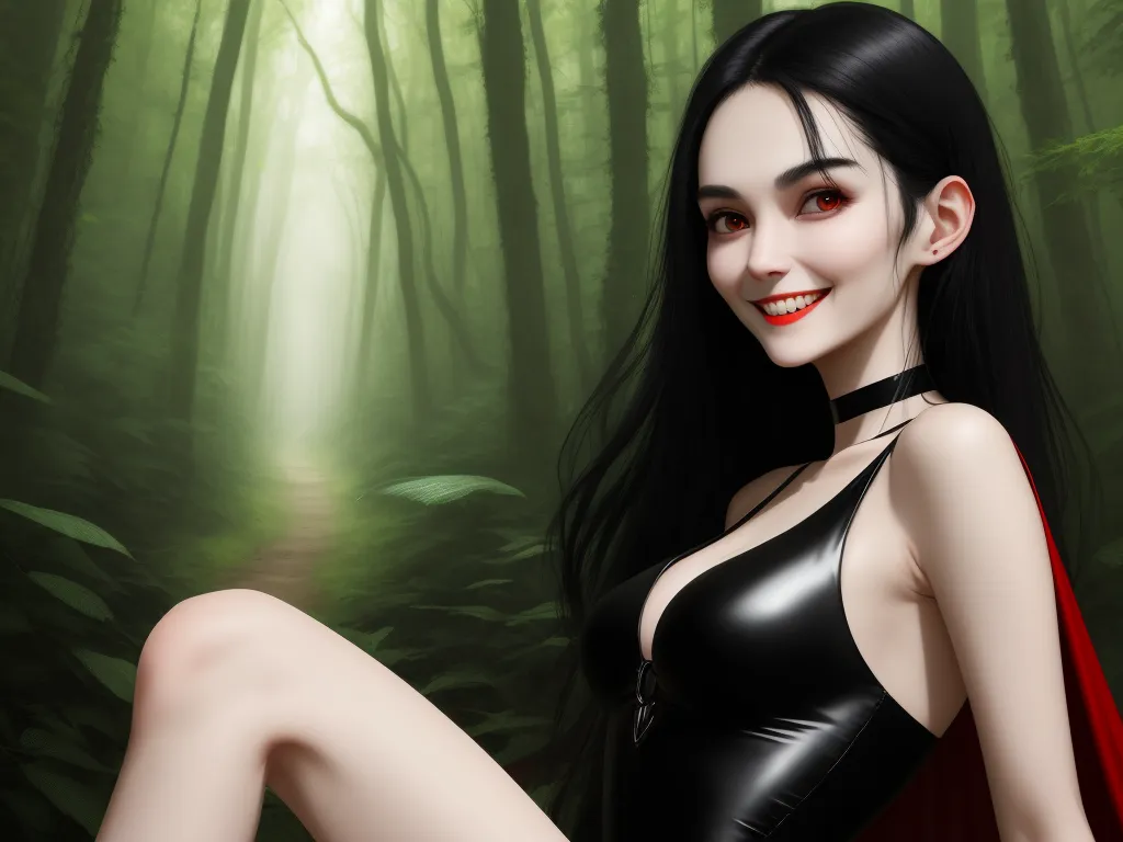 translate image online - a woman in a black dress and red cape posing for a picture in a forest with a light shining through the trees, by Sailor Moon