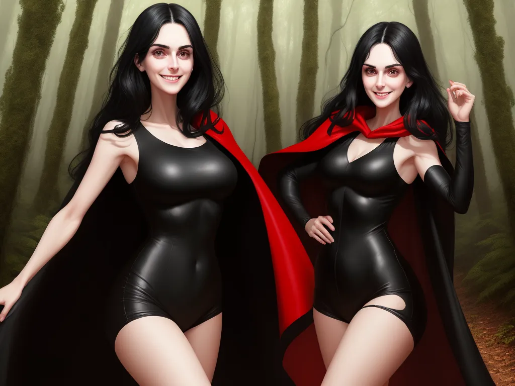 ai text to photo - a woman in a black dress and a red cape standing in a forest with trees and leaves behind her, by Lois van Baarle