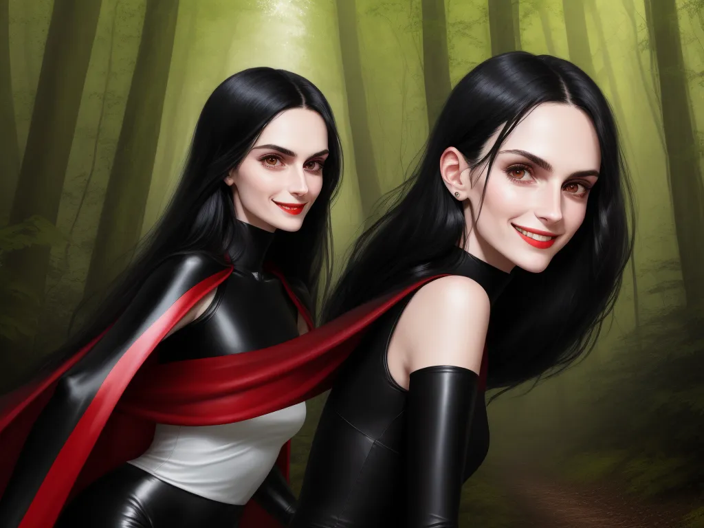 ai image editor - two women dressed in black and red in a forest with trees and leaves behind them, one of them is wearing a red cape, by Lois van Baarle