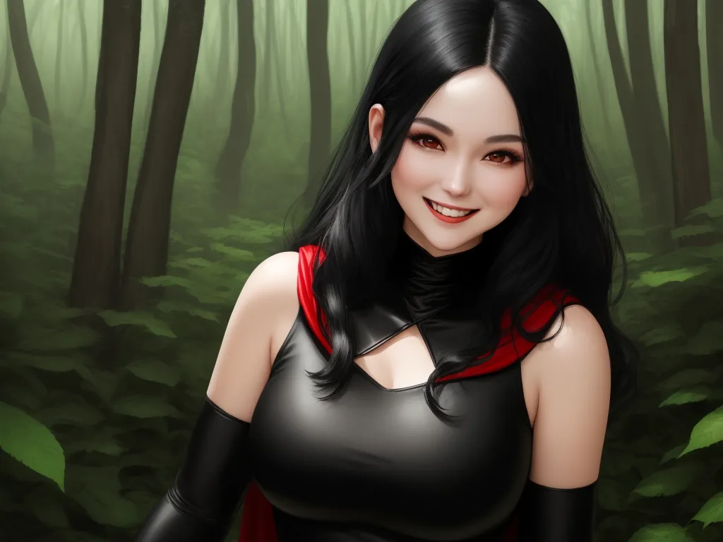 image from text ai - a digital painting of a woman in a forest with trees in the background and a red cape on her shoulders, by Hanna-Barbera