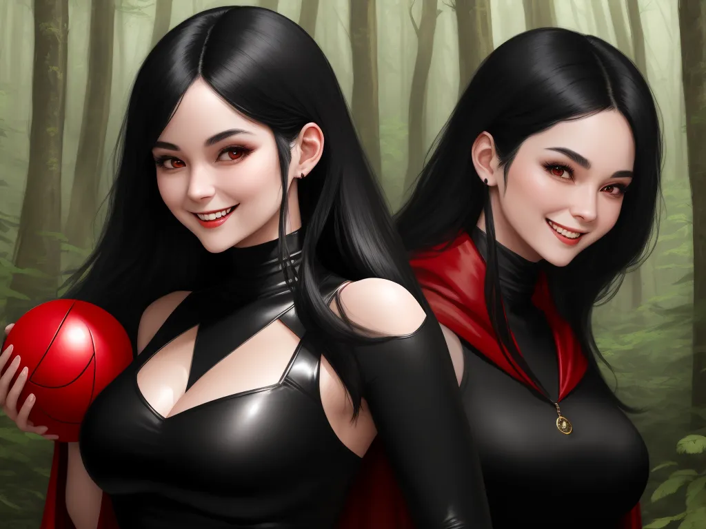 make image higher resolution - two women in black and red are holding a red ball in a forest with trees in the background and one is wearing a red cape, by Lois van Baarle