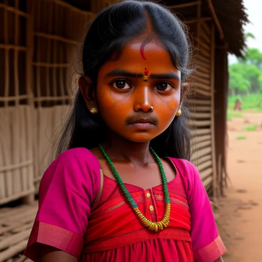 a young girl with a necklace and a necklace on her neck stands in front of a hut with a small wooden structure, by Raja Ravi Varma