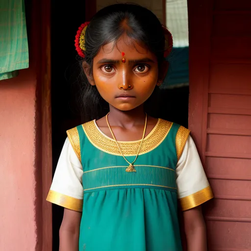 enhance image quality - a young girl in a green dress standing in a doorway with a necklace on her neck and a gold necklace on her neck, by Henriett Seth F.