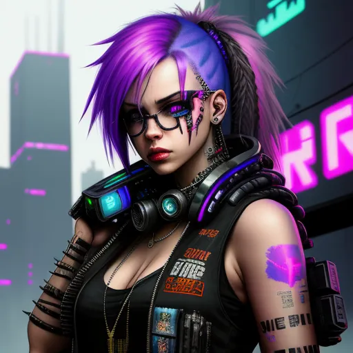 hd quality photo - a woman with purple hair and glasses holding a gun in her hand and a neon sign behind her back, by Patrice Murciano