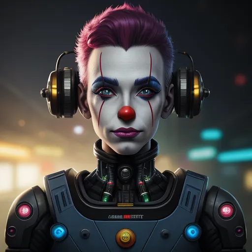 a character with headphones and a clown make up for a photo shoot in a futuristic city setting with neon lights, by Daniela Uhlig