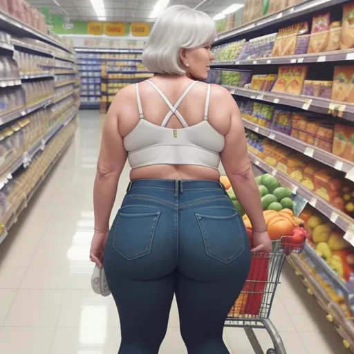 a woman in a white bra top and jeans is standing in a grocery aisle with a shopping cart in front of her, by Botero