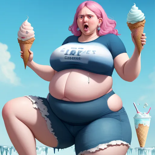 a fat woman with pink hair and a blue shirt holding two ice cream cones in her hands and a cup of ice cream in her other hand, by Lois van Baarle