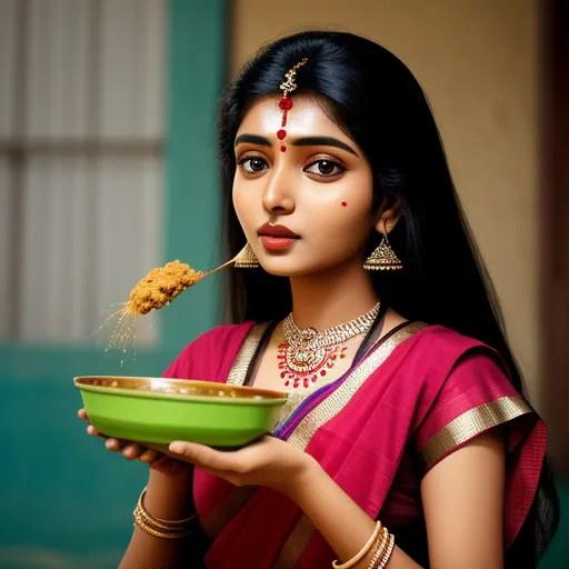 animated image ai - a woman in a pink sari eating food from a green bowl with a spoon in her mouth and a yellow plate in her hand, by Reylia Slaby