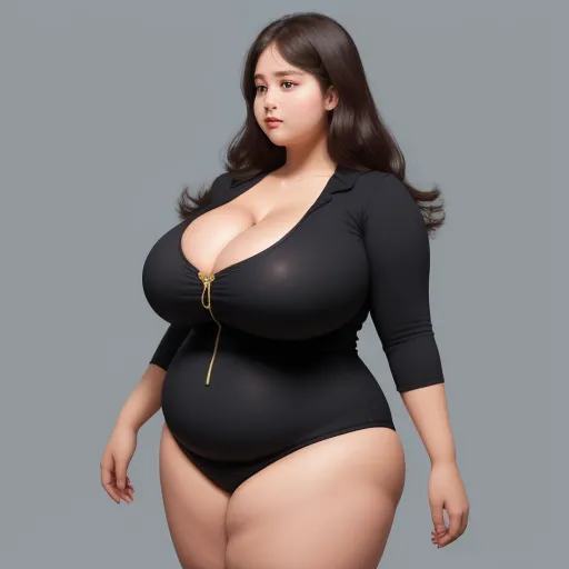 a woman in a black bodysuit with a big breast and a large breast, posing for a picture, by Terada Katsuya