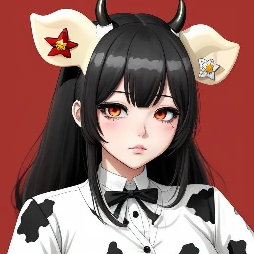 image ai generator from text - a girl with horns and a bow tie on her head is wearing a shirt with a cow print on it, by Yayoi Kusama