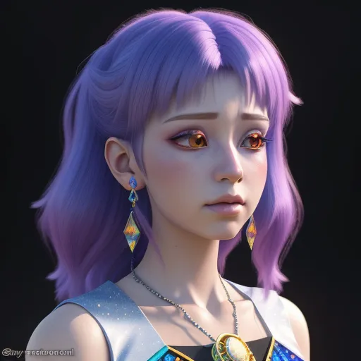 text to images ai - a woman with purple hair and a necklace and earrings on her neck and chest, wearing a dress with a diamond pattern, by Akira Toriyama