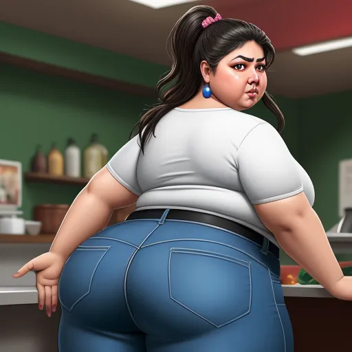 a woman in a blue jean pants and a white shirt is standing in a kitchen with her butt exposed, by Botero