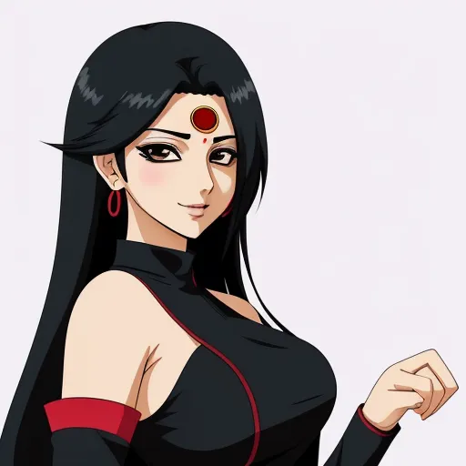 low quality photos - a woman in a black outfit with red eyes and a red ring on her finger and a black top, by Rumiko Takahashi