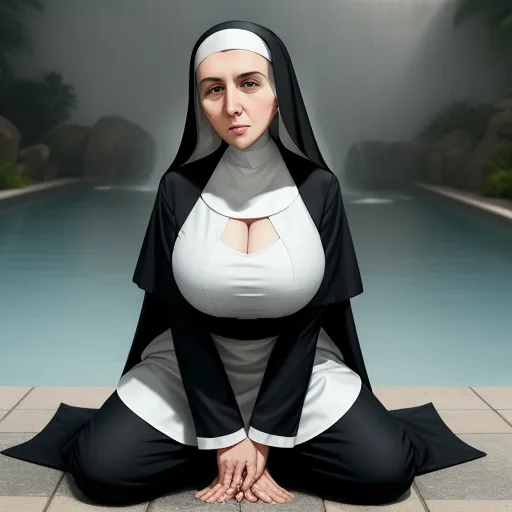 a woman in nun costume sitting on the ground in front of a pool of water with a waterfall behind her, by Hirohiko Araki