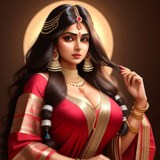 a woman in a red and gold sari with a necklace and earrings on her head and a golden circle around her neck, by Raja Ravi Varma