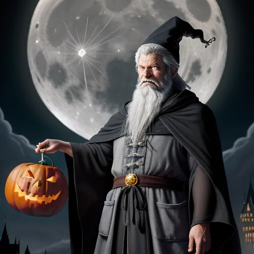4k resolution photo converter - a wizard holding a pumpkin in front of a full moon with a castle in the background and a full moon behind him, by Heinrich Danioth