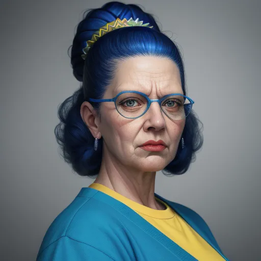 a woman with blue hair and glasses wearing a tiara and a blue sweater with a yellow top on, by Hendrick Goudt