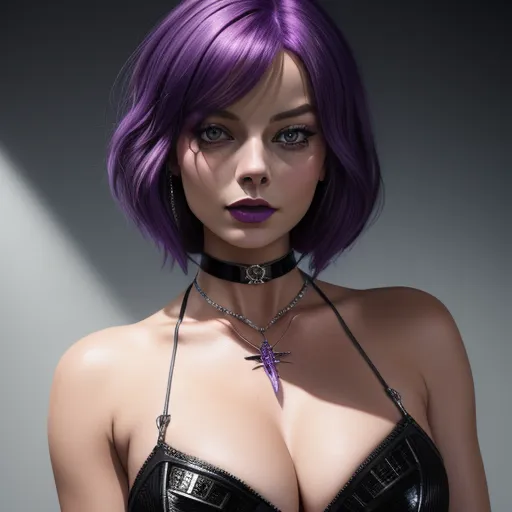 a woman with purple hair wearing a black bra and choker with a spider on it's chest, by Terada Katsuya