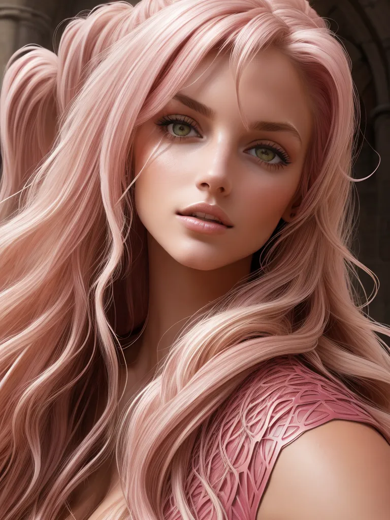 text-to-image ai generator - a woman with long pink hair and a pink dress is posing for a picture with a large, wavy, pink hair, by Terada Katsuya