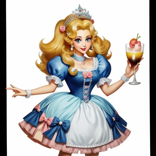 text to image ai generator - a woman in a dress holding a glass of wine and a drink in her hand with a crown on top of her head, by Jasmine Becket-Griffith