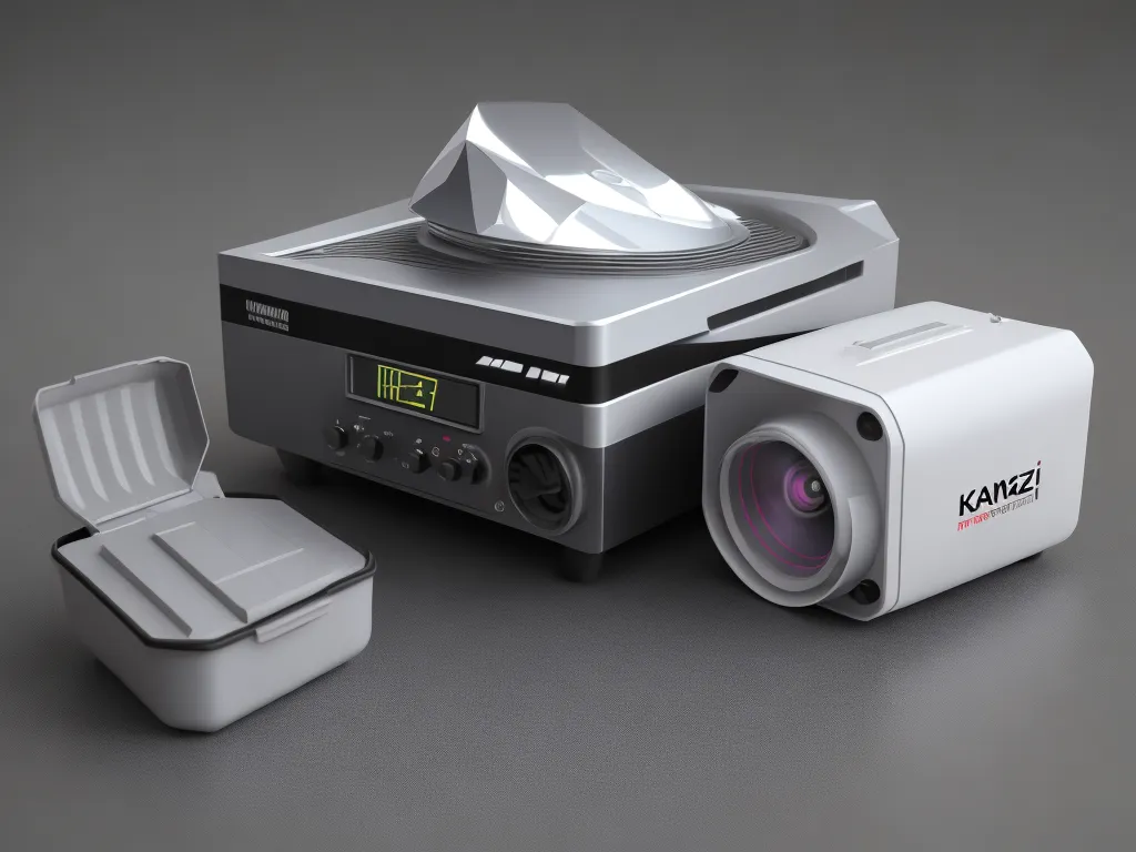 a projector with a camera and a box on the table next to it on a gray surface with a white lid, by NHK Animation