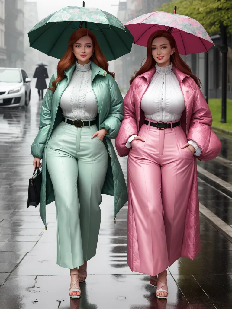 1080p to 4k converter picture - two women in matching outfits walking down a street in the rain with umbrellas over their heads and one holding a purse, by Fernando Botero