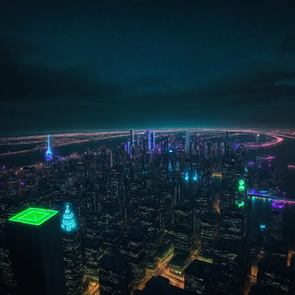 a city at night with a neon green light on the top of a building and a tennis court in the middle, by Liam Wong
