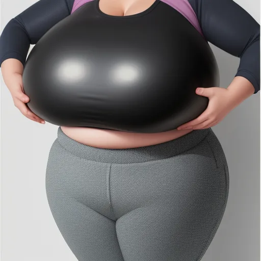 a woman in tights holding a large black object in her hands and a pink shirt on her chest, by Botero