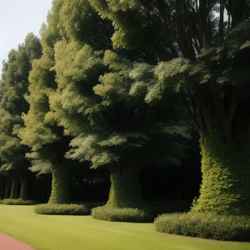 a row of trees in a park with a red walkway in the foreground and a red sidewalk in the background, by Yoshiyuki Tomino