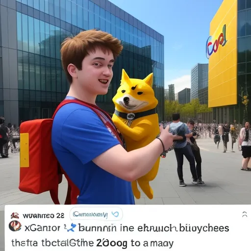 a man holding a dog in his arms in front of a building with a large sign on it that says,, by Sailor Moon