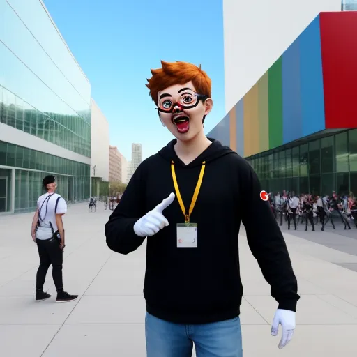 a man with a goofy face and glasses on a street corner with a group of people in the background, by Pixar