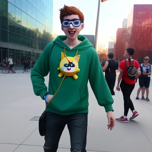 a man with a green hoodie and sunglasses on standing on a sidewalk with other people in the background, by Noelle Stevenson