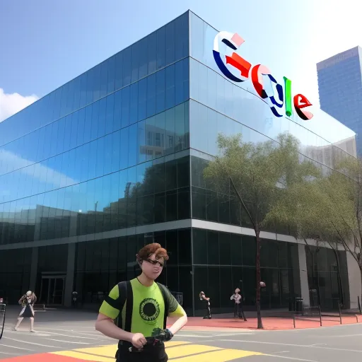 a man standing in front of a building with a google logo on it's side and a camera in his hand, by Pixar