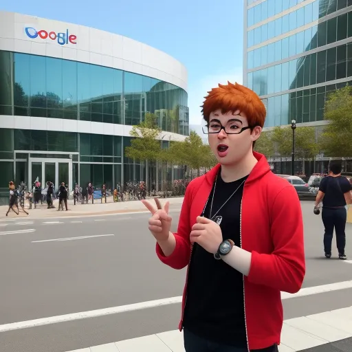 a man with red hair and glasses making a gesture on the street in front of a building with google logo, by Rebecca Sugar