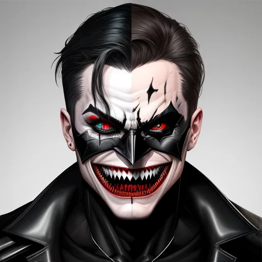 a man with a creepy face and a creepy smile on his face, both of which are red and black, by Daniela Uhlig